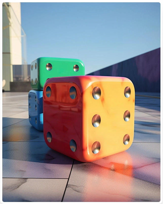 Grote kleurrijke 3D-dobbelstenen in een moderne stedelijke omgeving onder een heldere blauwe lucht.